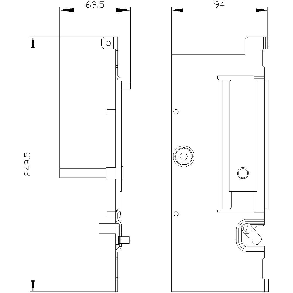 Rysunek techniczny elementu z widokiem bocznym i czołowym, o wymiarach 69,5 mm i 94 mm szerokości, 249,5 mm wysokości.