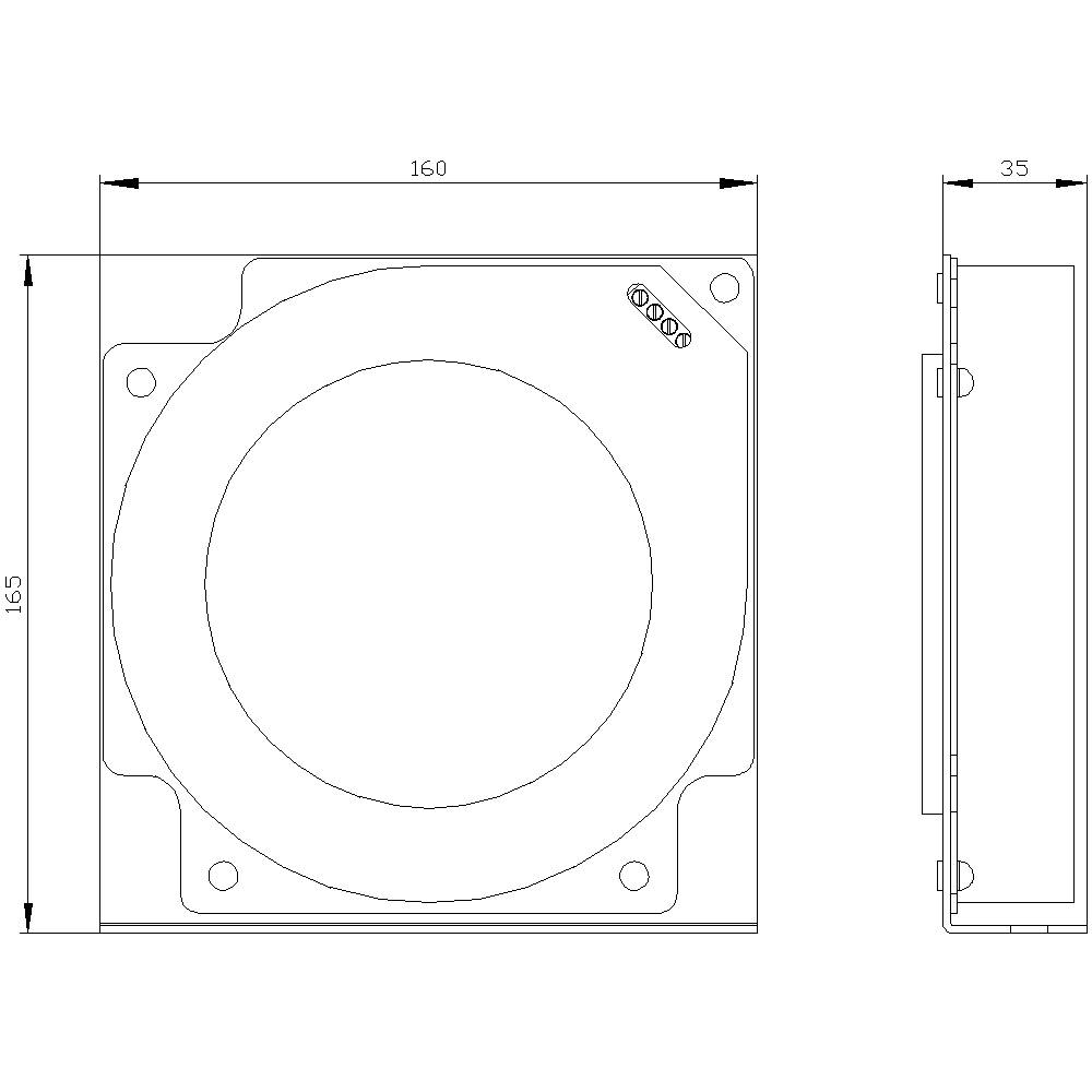 Rysunek techniczny kwadratowego wentylatora, wymiary: 165 x 160 mm, widok z boku przedstawia głębokość 35 mm. Zaznaczone otwory na śruby.