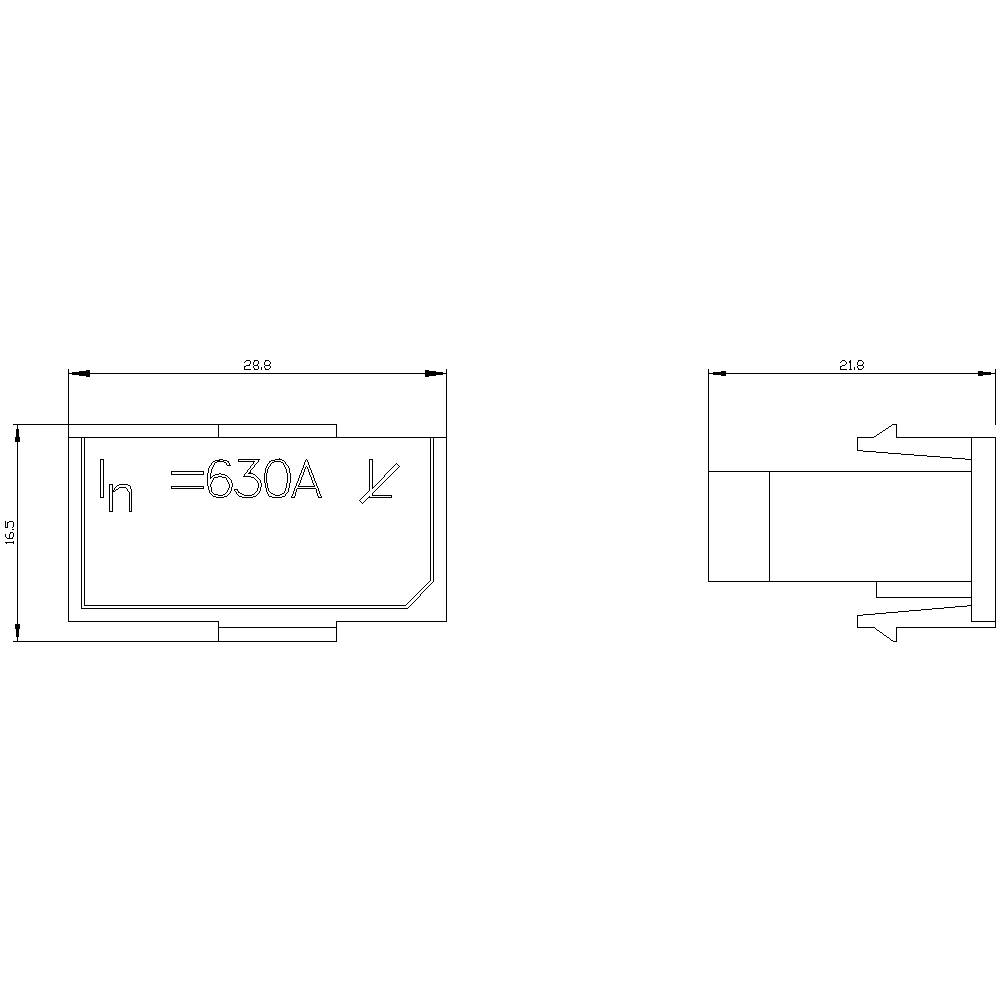 Rysunek techniczny elementu elektrycznego z oznaczeniem 'In = 630A', przedstawiający wymiary 239 i 212,5 w przekroju poprzecznym i podłużnym.