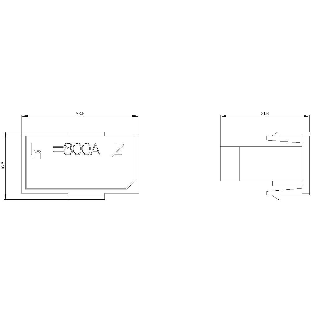 Rysunek techniczny elementu elektrycznego z oznaczeniem 'In = 800A'. Wymiary wynoszą 29,8 i 21,6.