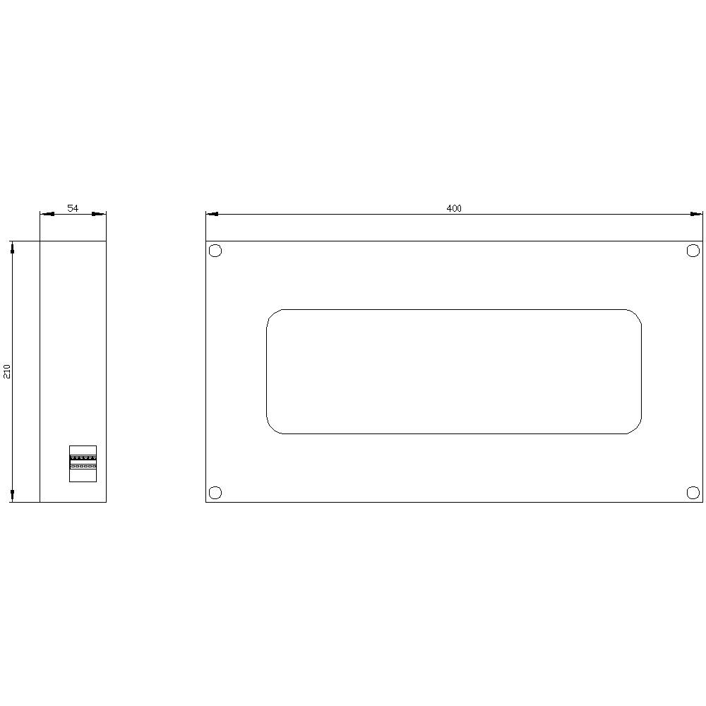 Rysunek techniczny prostokątnego elementu o wymiarach 250x400 mm, przedstawiający otwory montażowe w narożnikach oraz prostokątne wycięcie pośrodku.