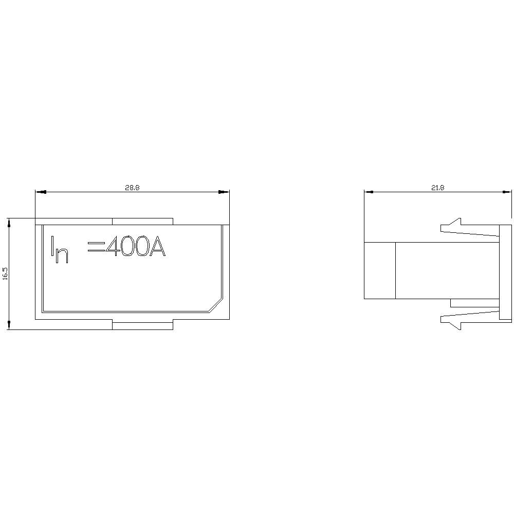 Rysunek techniczny prostokątnego obiektu z napisem 'In = 400A', przedstawiający wymiary 29,8 i 21,8.