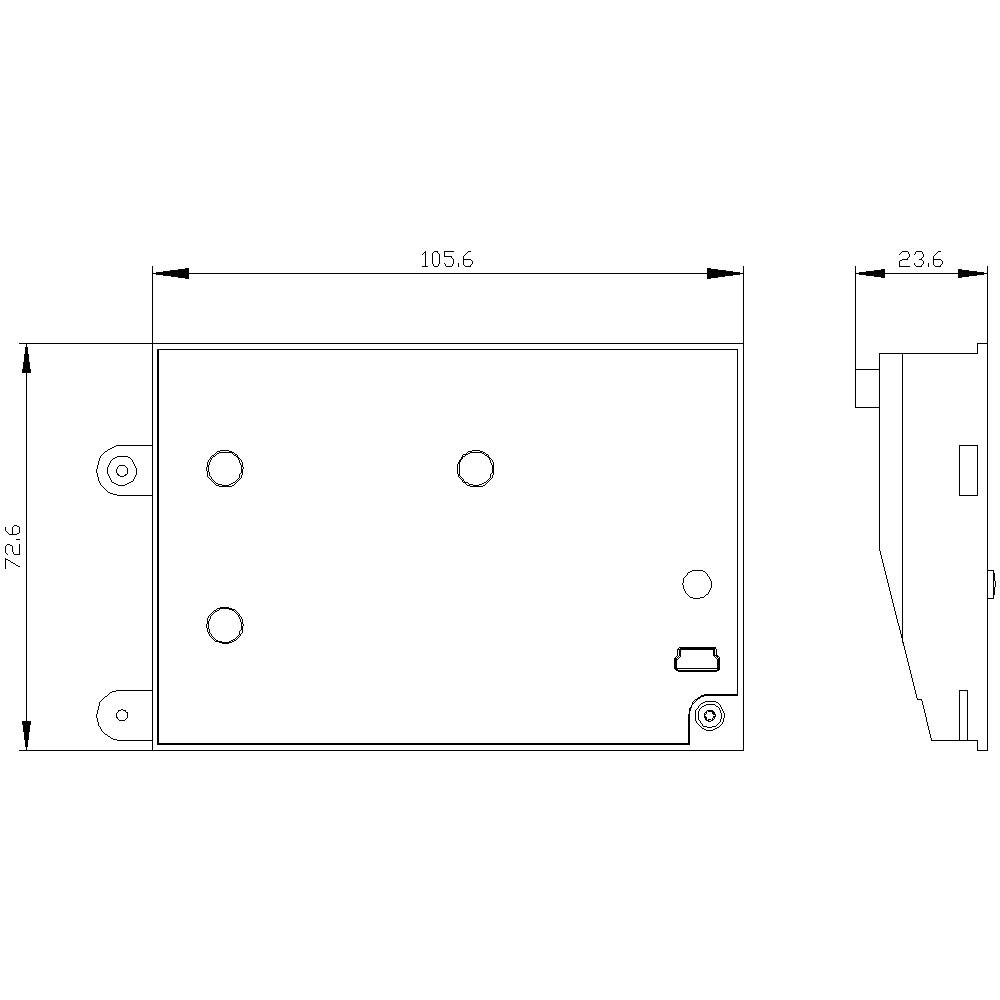 Rysunek techniczny prostokątnej obudowy metalowej o wymiarach 105,6 x 72,6 mm i grubości 23,6 mm, z otworami montażowymi.