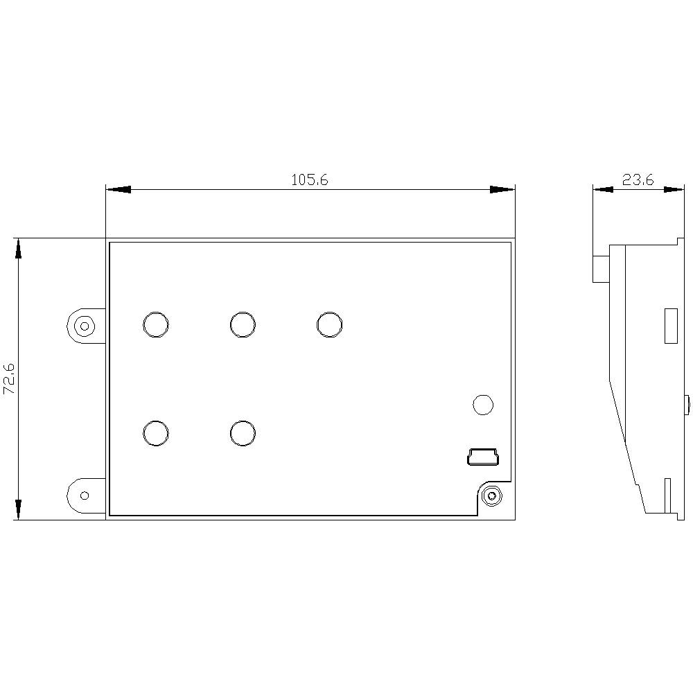 Rysunek techniczny prostokątnego obiektu o wymiarach 105,6 x 72,6 x 23,6 mm, widok z prawej strony.