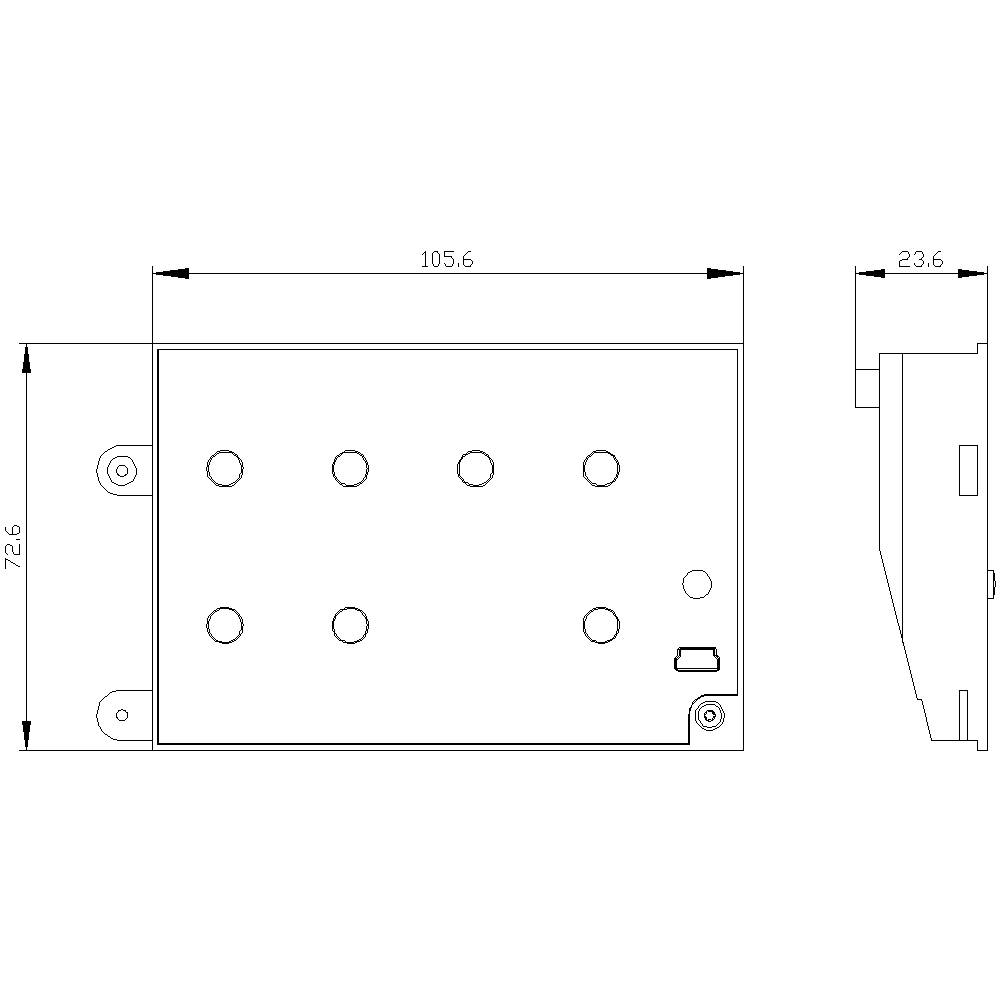 Rysunek prostokątnego elementu o wymiarach 105,6 mm x 72,6 mm x 23,6 mm. Cztery mocowania w narożnikach, osiem otworów w środku.