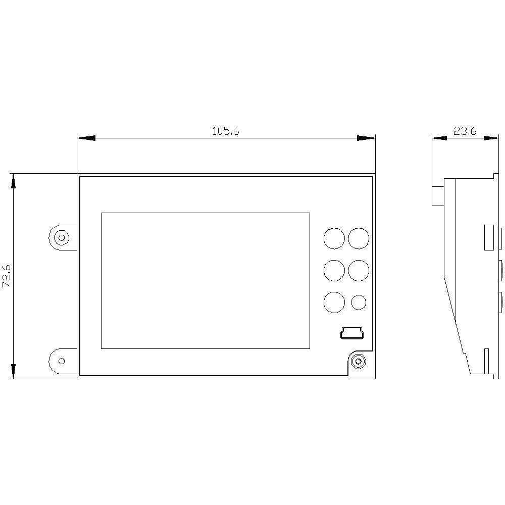Rysunek techniczny prostokątnego urządzenia z zarysem ekranu i pięcioma okrągłymi przyciskami. Wymiary podane są w milimetrach.