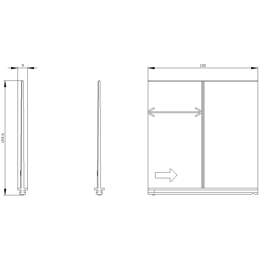 Rysunek drzwi przesuwnych z wymiarami: 9 mm szerokości, 100 mm wysokości. Strzałki i linia wskazują kierunek zawiasu drzwi.