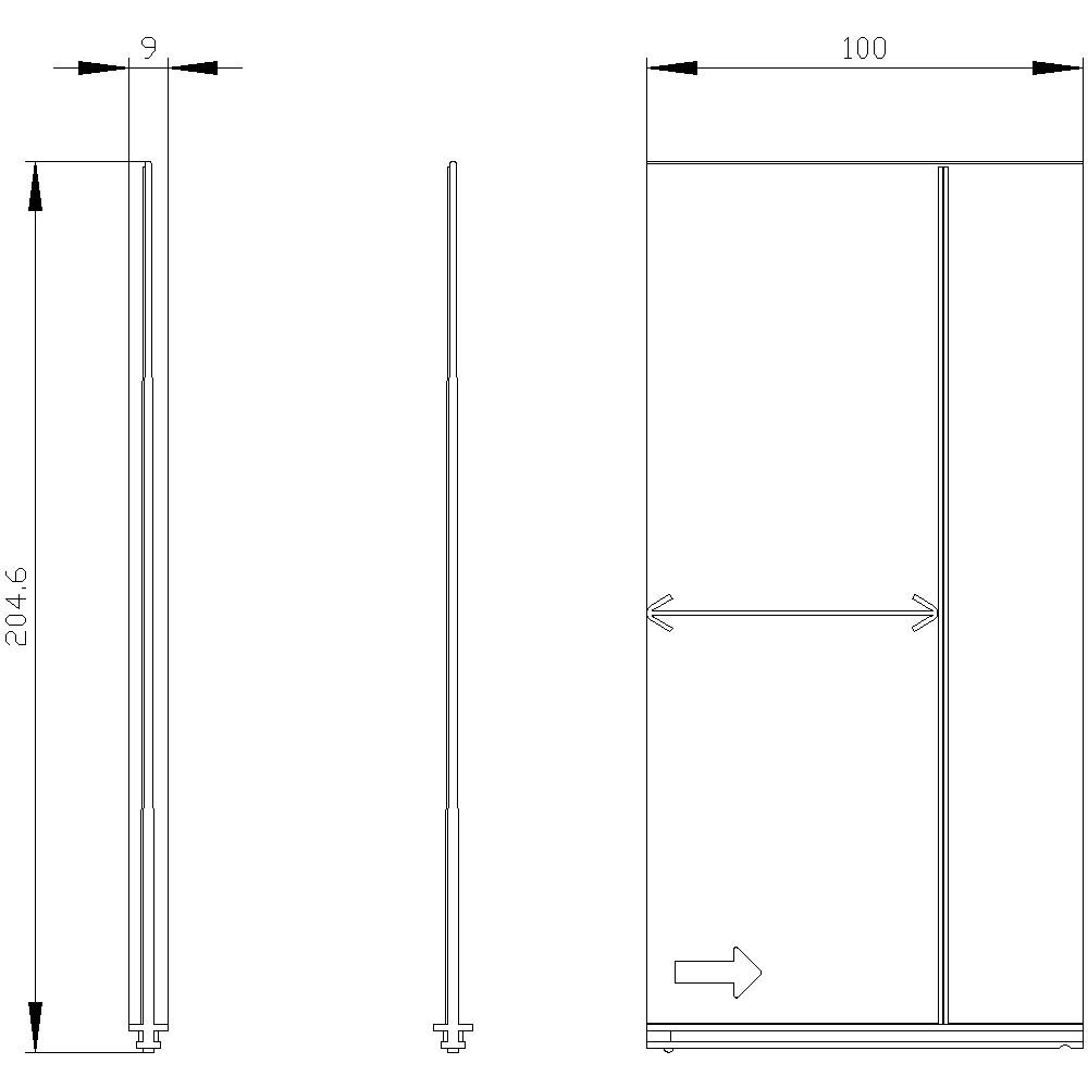 Widok z boku i widok z przodu lodówki z wymiarami: wysokość 204,6 cm, szerokość 100 cm, głębokość 9 cm.
