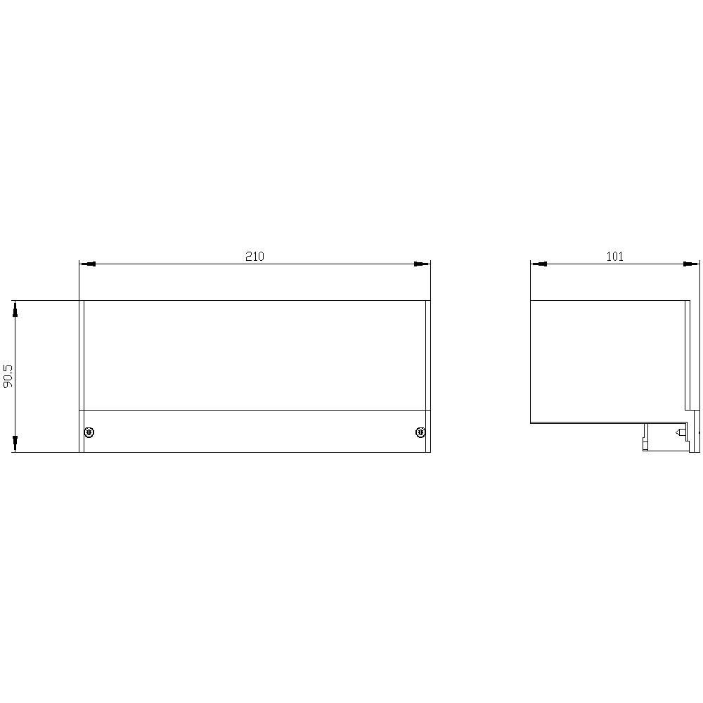 Rysunek techniczny prostokątnego pudełka o wymiarach 210 mm szerokości, 101 mm głębokości i 90,5 mm wysokości, widok z przodu i z boku.
