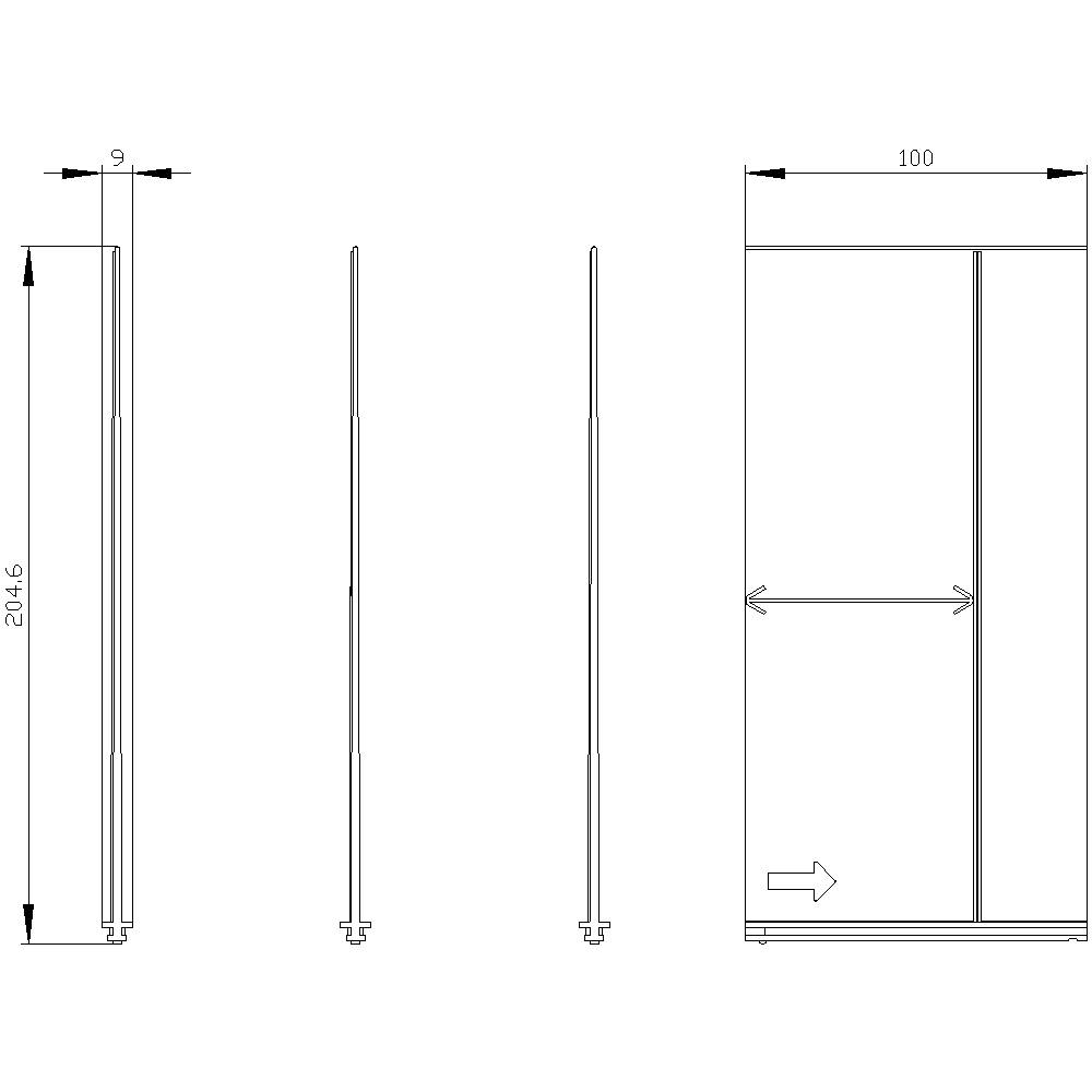 Rysunek techniczny mechanizmu drzwi przesuwnych. Wymiary: wysokość 2416 mm, szerokość 100 mm. Przedstawione widoki boczne i czołowe.