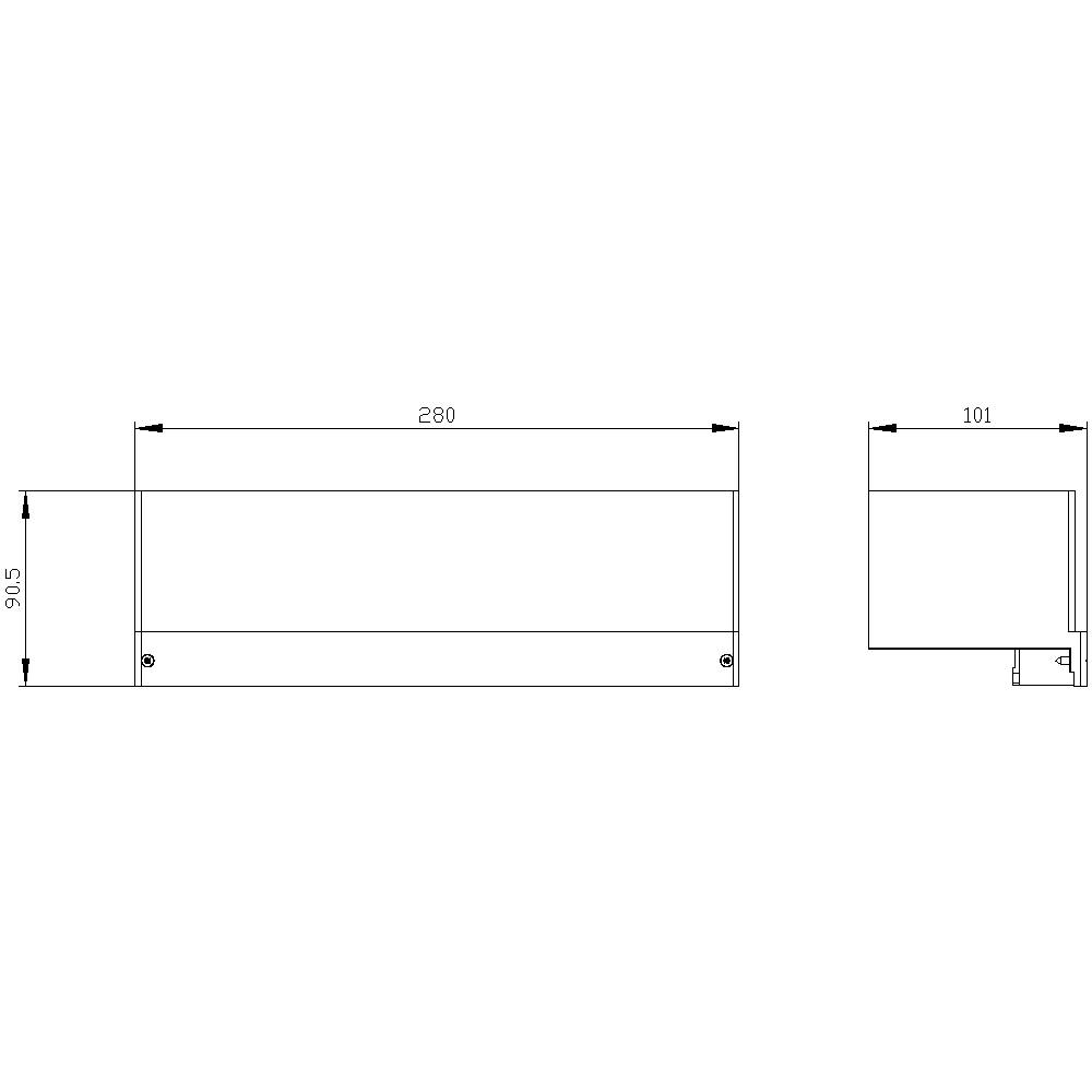 Rysunek techniczny prostokątnej skrzynki z wymiarami: 280 mm szerokości, 93,5 mm wysokości, 101 mm głębokości. Widok z góry i widok z boku.