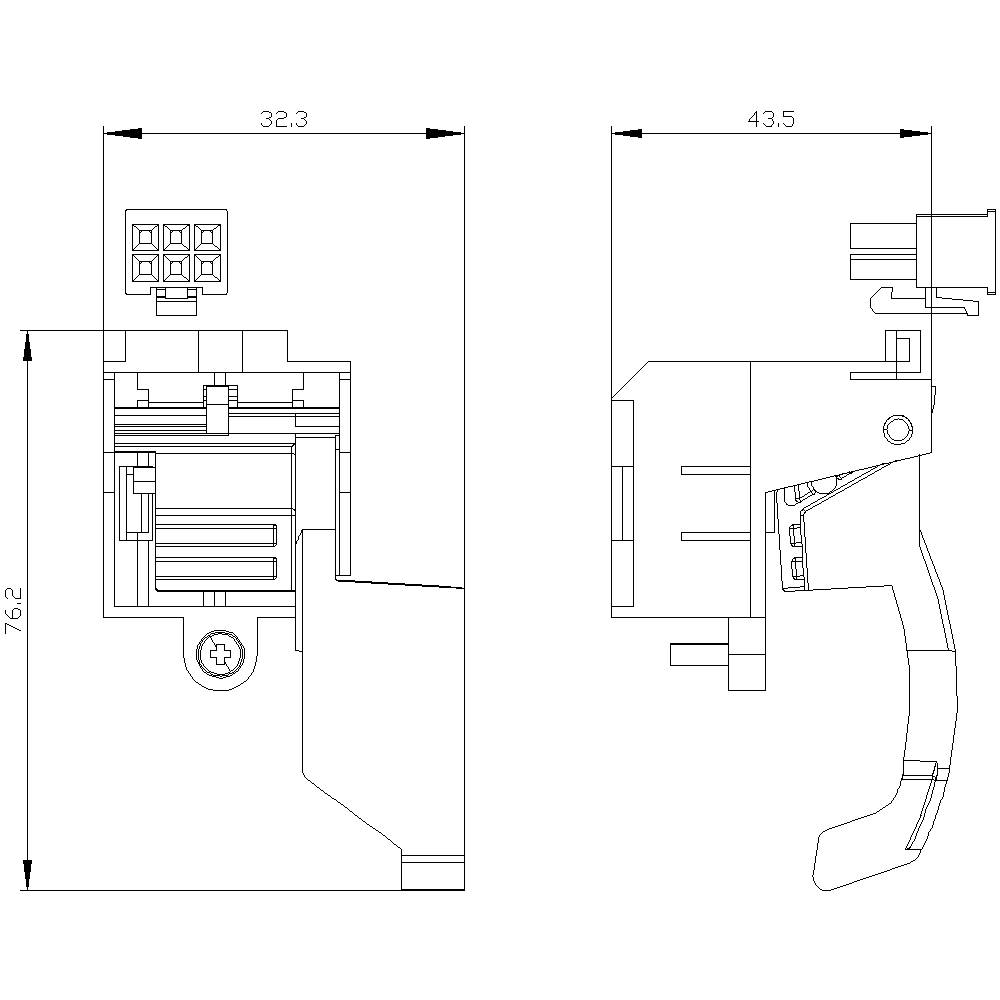 Rysunek techniczny przełącznika elektrycznego z widokiem bocznym i czołowym. Wymiary: 32,3 mm szerokości, 76,2 mm wysokości.