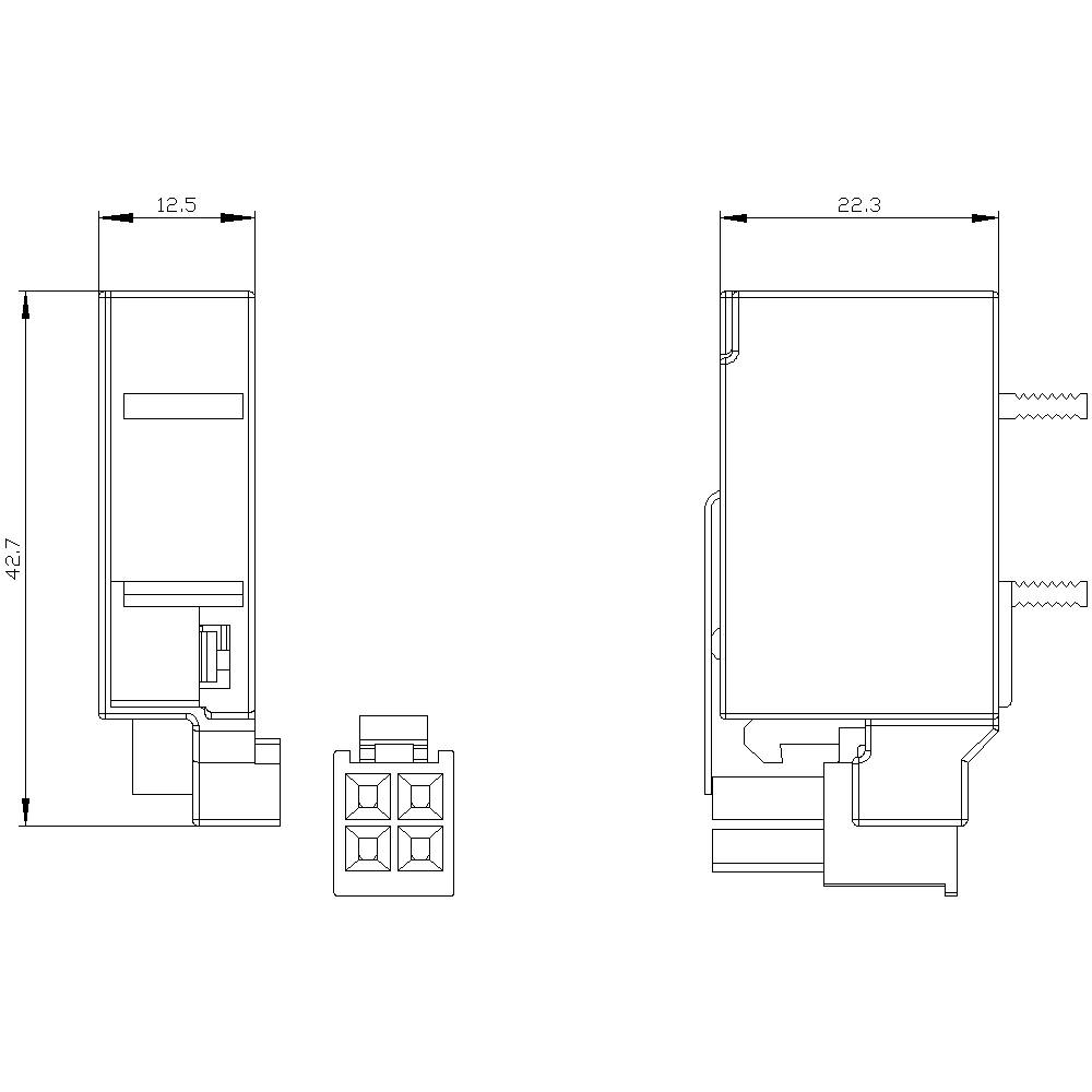 Rysunek techniczny prostokątnego urządzenia o wymiarach: 42,7 mm wysokości, 12,5 mm szerokości po lewej stronie i 22,3 mm szerokości po prawej stronie.