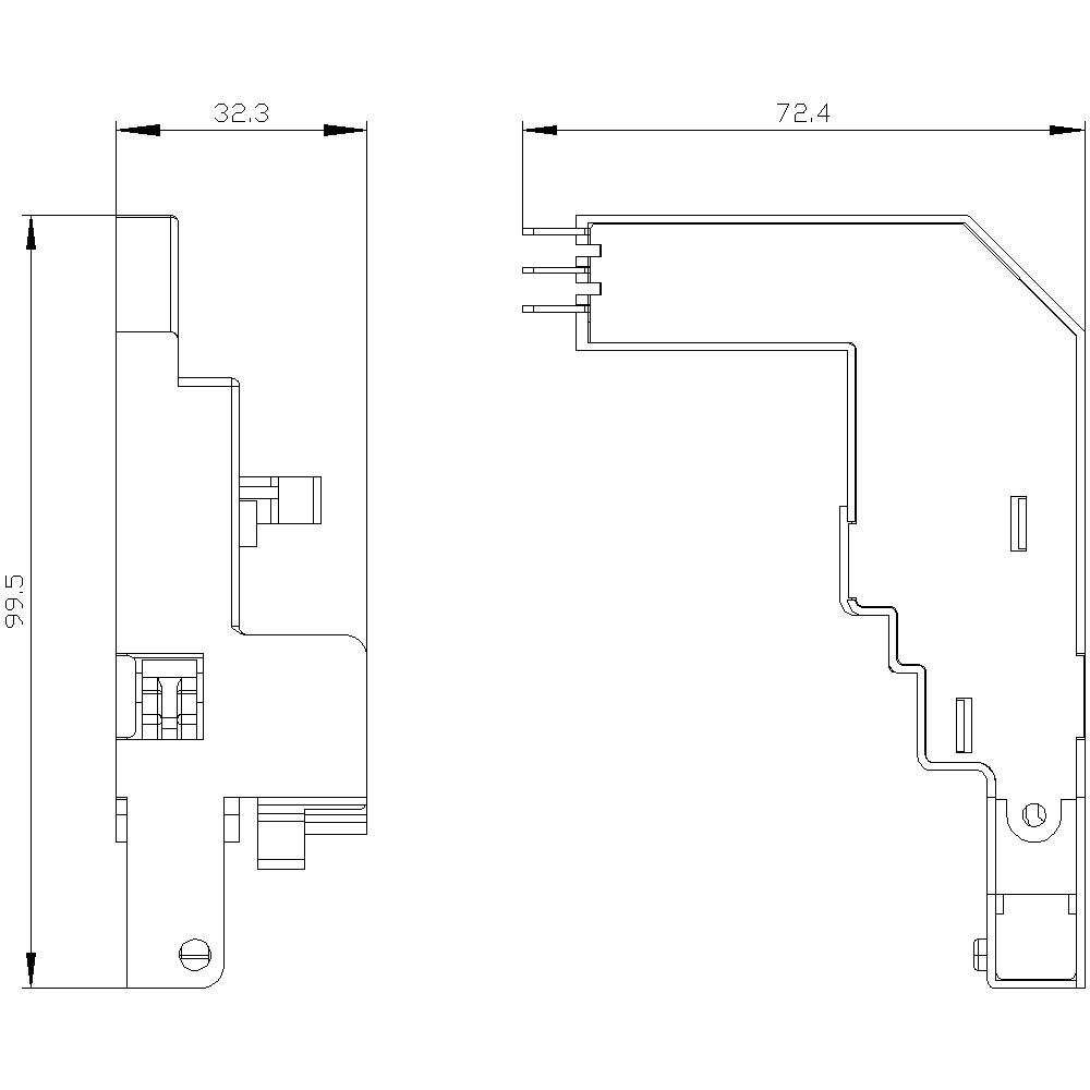 Rysunek techniczny elektrycznego przekaźnika o wymiarach 32,3 mm szerokości, 72,4 mm głębokości i 99,5 mm wysokości. Przedstawiony w widoku z boku i z góry.