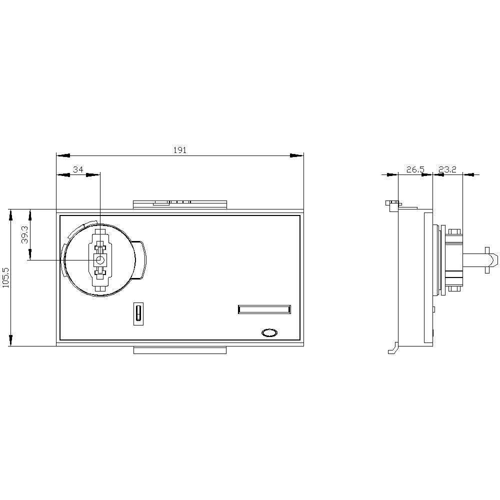 Rysunek techniczny urządzenia elektrycznego przedstawiający widok z przodu i z boku, wraz z wymiarami oraz szczegółami podłączenia.