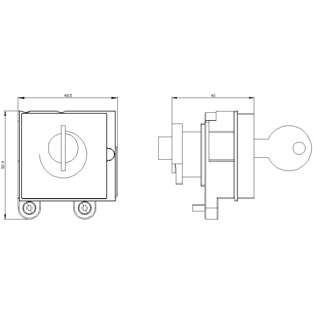 Rysunek techniczny elementu kwadratowego o wymiarach: 48,5 mm szerokości i 40 mm głębokości. Widok z góry i widok z boku.