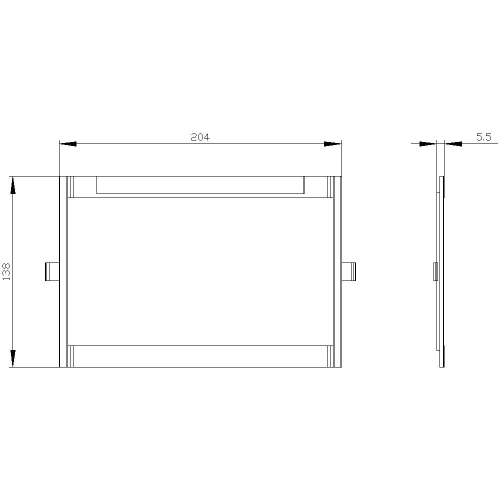 Rysunek techniczny prostokątnego obiektu z wymiarami: szerokość 204 mm, wysokość 138 mm, głębokość 5,5 mm. Widok z boku i widok z przodu.