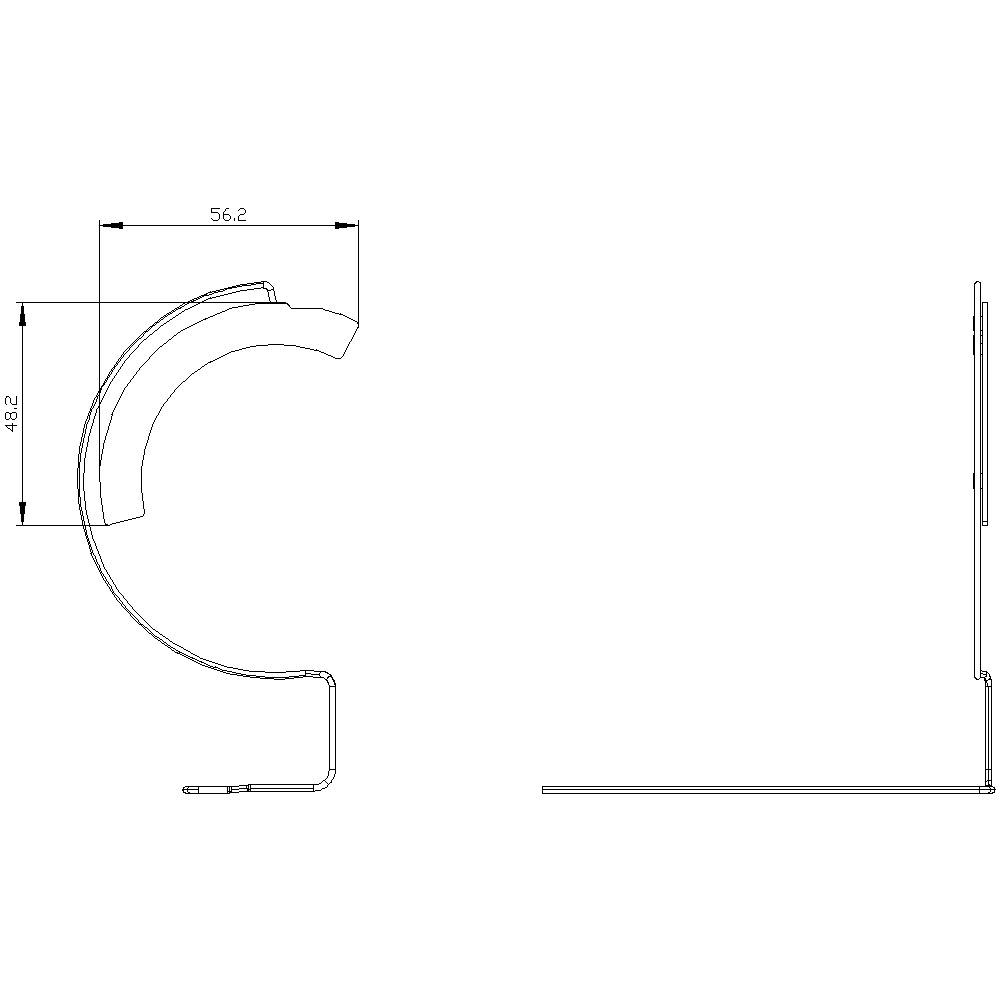 Rysunek techniczny uchwytu metalowego z widokiem z boku z wymiarami: wysokość 48,2 mm, szerokość 56,2 mm. Przedstawia kształt i gabaryty.