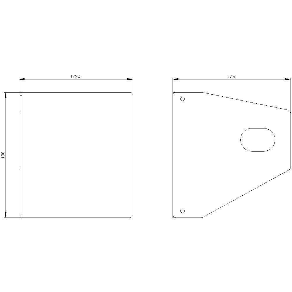 Rysunek techniczny przedstawia dwa widoki metalowego wspornika o wymiarach: 150 mm wysokości, 173,5 mm i 179 mm szerokości.