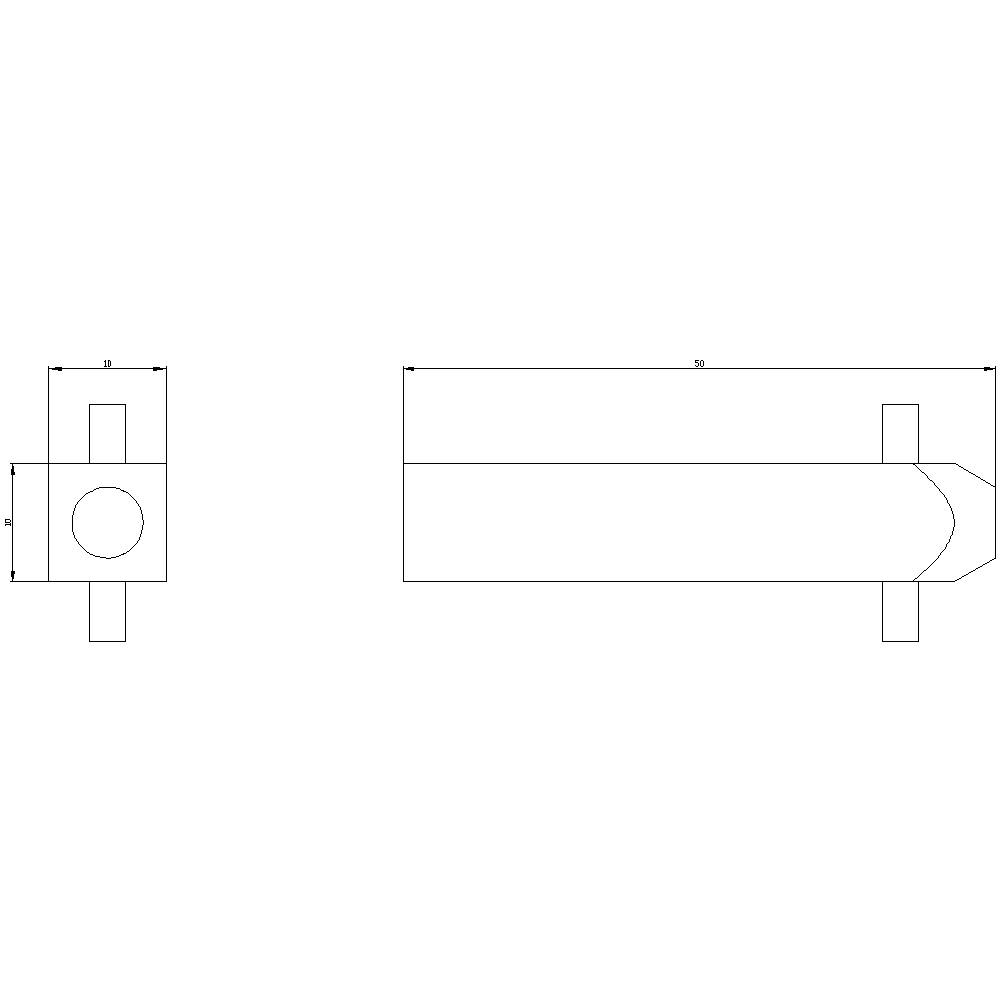 Rysunek techniczny elementu mechanicznego: widok lewy przedstawia szerokość, widok prawy ukazuje długość i kształt wraz z wymiarami.