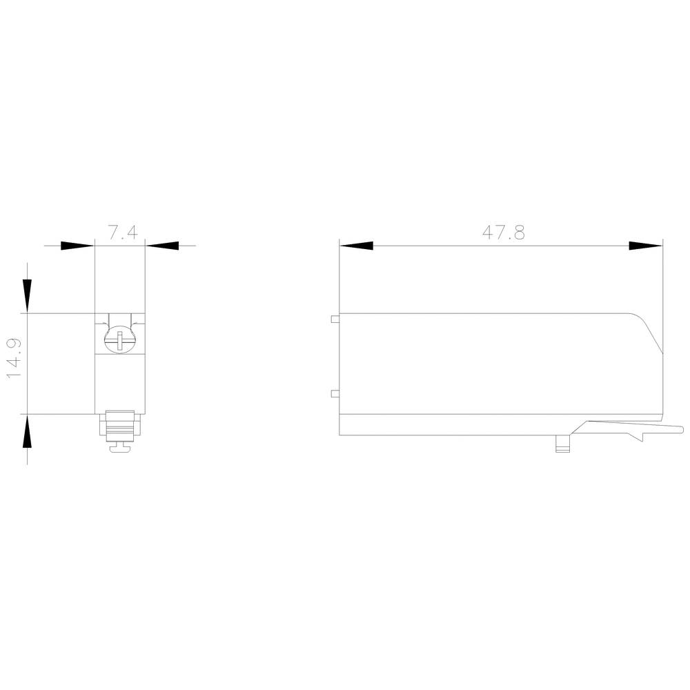 Rysunek techniczny elementu z wymiarami: 14,9 mm wysokości, 7,4 mm szerokości i 47,8 mm długości, widok z boku i z przodu.