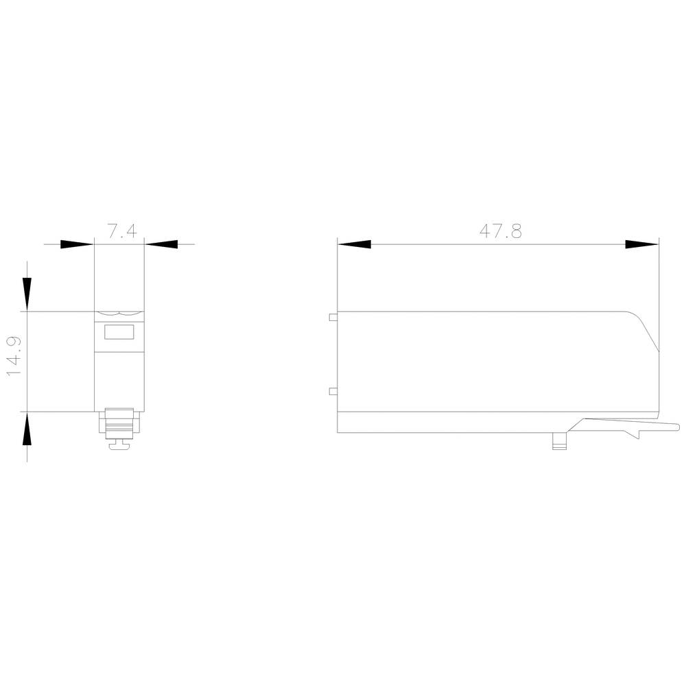 Rysunek techniczny elementu o następujących wymiarach: wysokość 14,9 mm, szerokość 7,4 mm, długość 47,8 mm. Wymiary i widok z boku przedstawione na rysunku.
