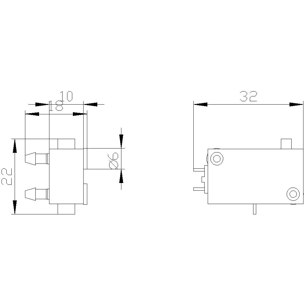 Rysunek techniczny przełącznika mechanicznego z wymiarami. Widok z boku przedstawia długości 22 mm, 18 mm i 6 mm. Widok z góry: 32 mm.