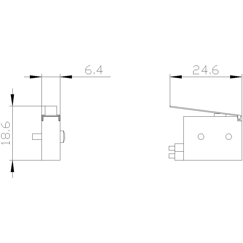 Rysunek techniczny części mechanicznej. Po lewej stronie widok boczny z wymiarami 18,6 i 6,4. Po prawej stronie widok z prawej strony z wymiarem 24,6.