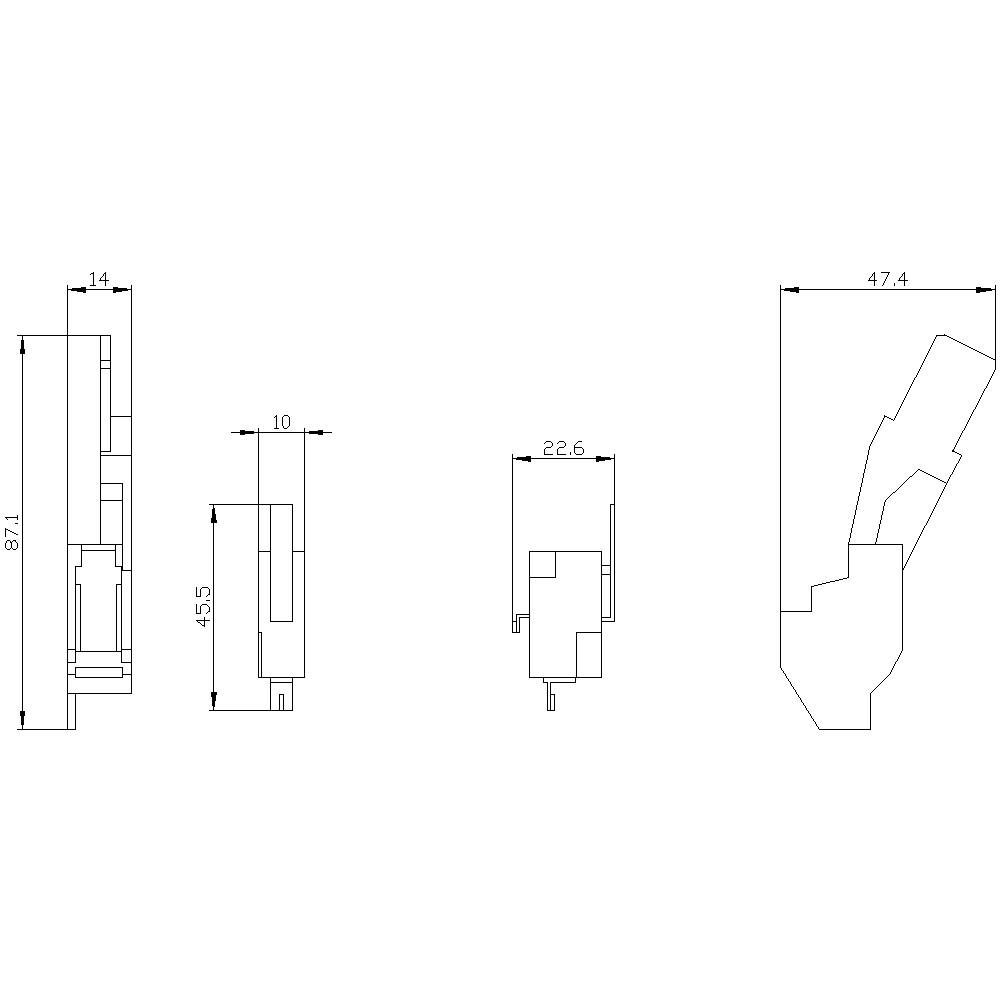 Rysunek techniczny części z wymiarami 87,1 x 47,4 x 45,5 mm. Przedstawienie widoków bocznych i szczegółów.