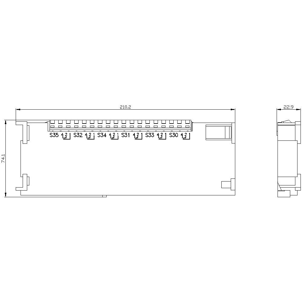 Rysunek techniczny wąskiego modułu przyłączeniowego z numeracją (S12 do S35) o wymiarach 210,2 mm długości i 74,1 mm wysokości.