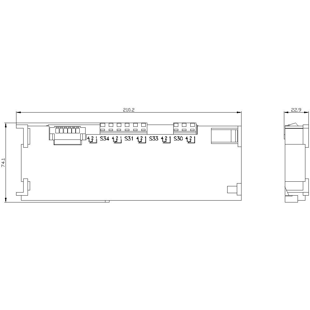 Rysunek techniczny płytki drukowanej o wymiarach 210,2 x 74,1 mm, przedstawiający gniazda S34, S31, S33, S32 oraz S30.