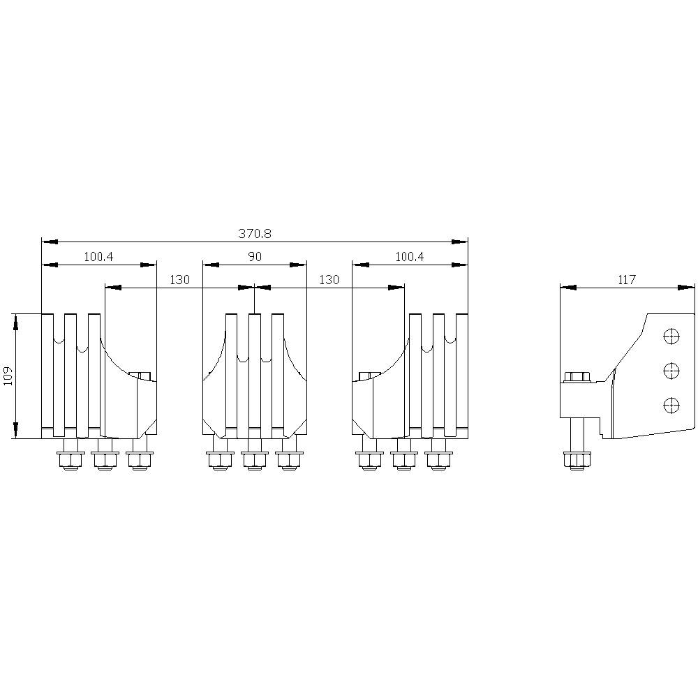 Rysunek techniczny mechanizmu mocującego z wymiarami w milimetrach. Przedstawia widok czołowy i boczny z różnymi odległościami i wymiarami.