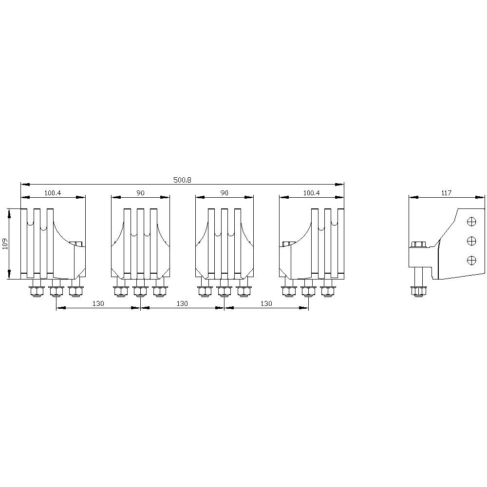 Rysunek techniczny uchwytów metalowych z wymiarami. Cztery uchwyty obok siebie: szerokość 100,4 mm, 90 mm, 90 mm, 100,4 mm.