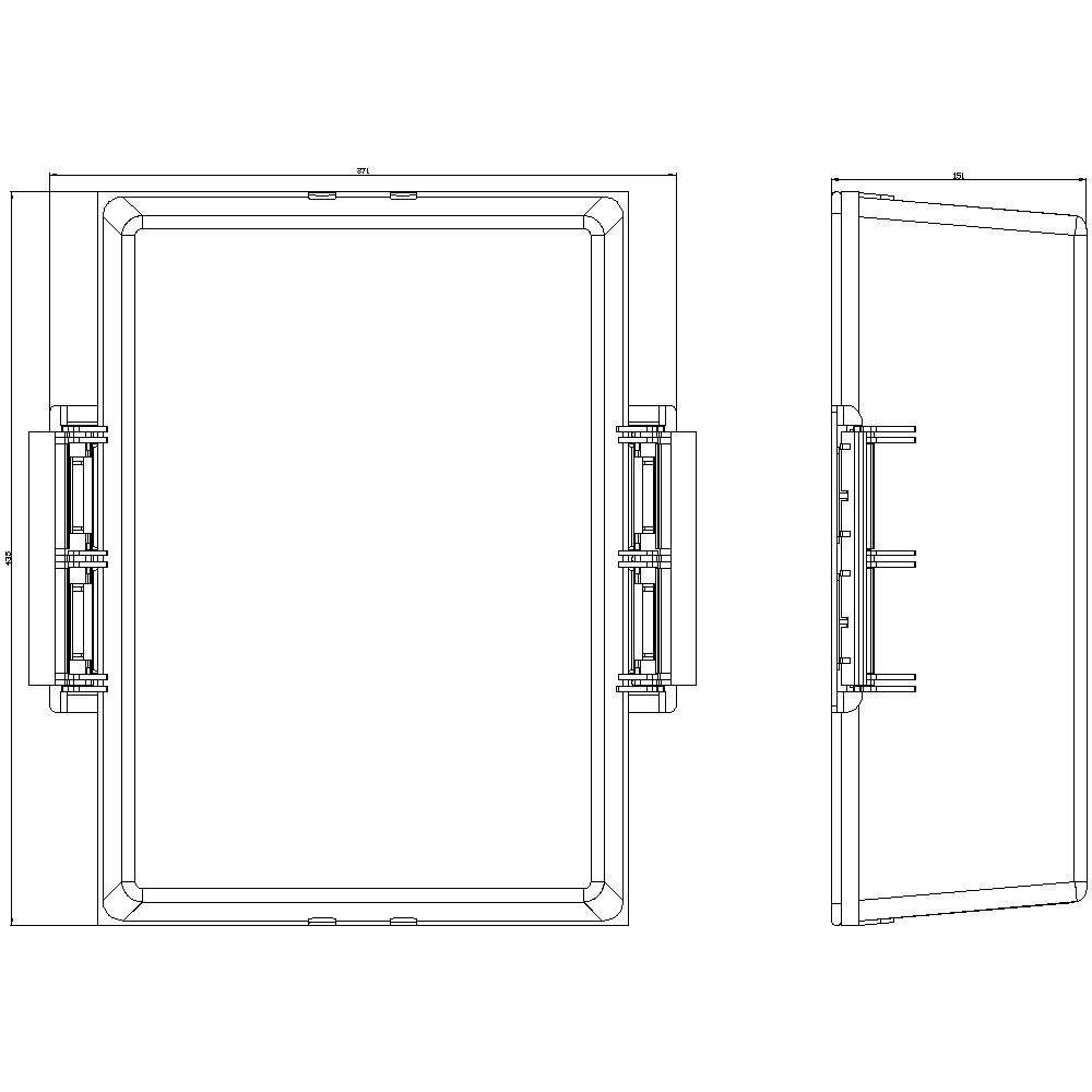 Rysunek techniczny prostokątnej ramy zawieszonej z widokiem z boku po prawej stronie. Prezentuje szczegóły konstrukcyjne i wymiary.