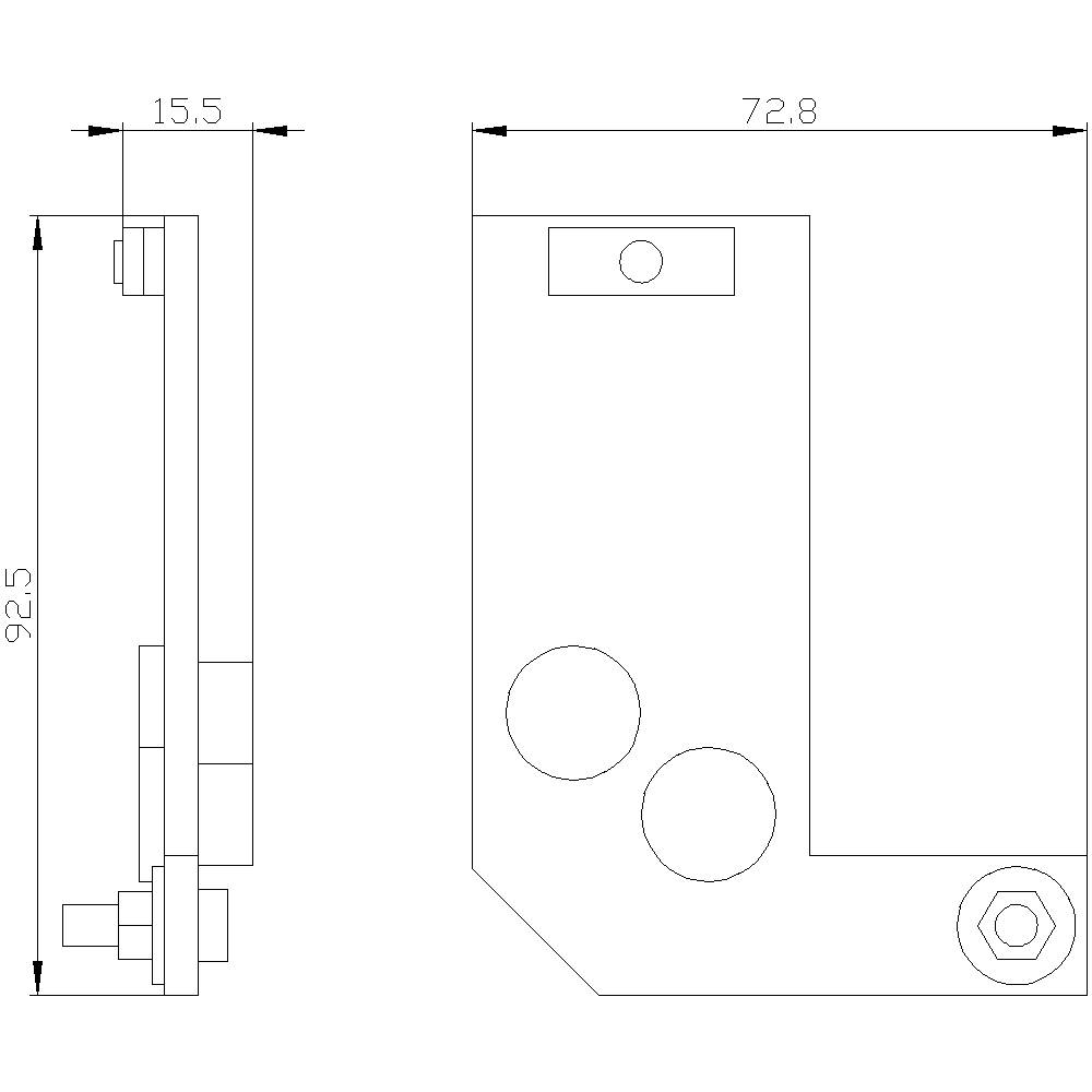Rysunek techniczny metalowej części z wymiarami. Po lewej widok z boku o wysokości 92,5 mm i szerokości 15,5 mm, po prawej widok z góry o szerokości 72,8 mm.