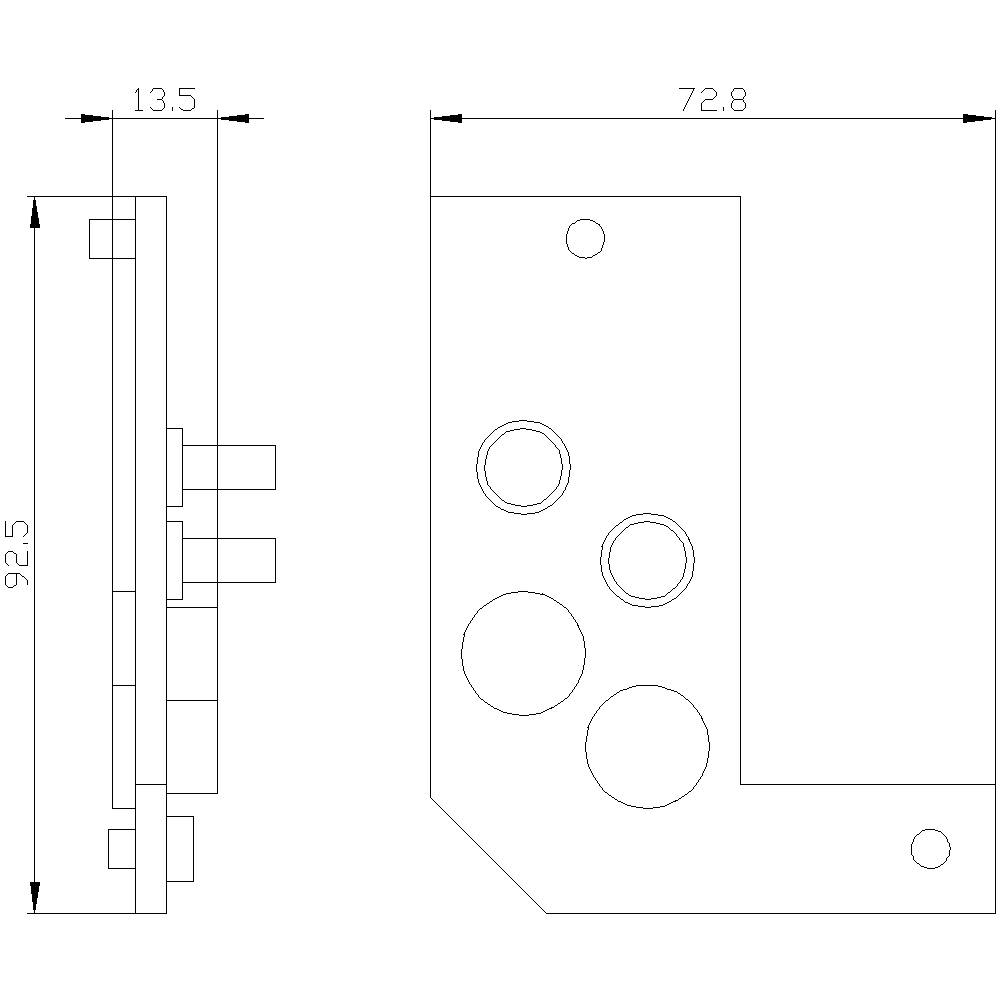 Rysunek techniczny płyty metalowej o wymiarach: wysokość 92,5 mm, szerokość 72,8 mm. Zawiera punkty mocowania i wycięcia.