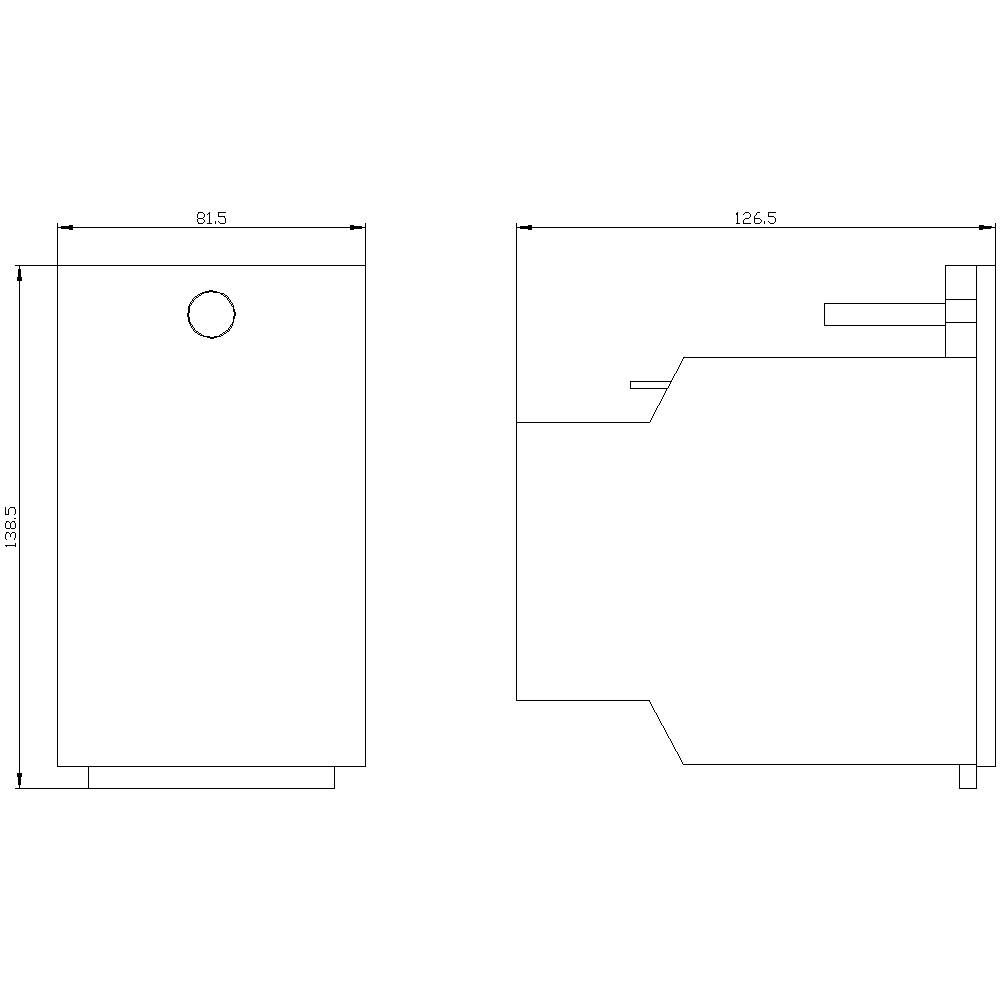 Rysunek techniczny maszyny z widokiem z boku i z przodu, wraz z wymiarami: 138,5 cm wysokości, 126,5 cm szerokości.