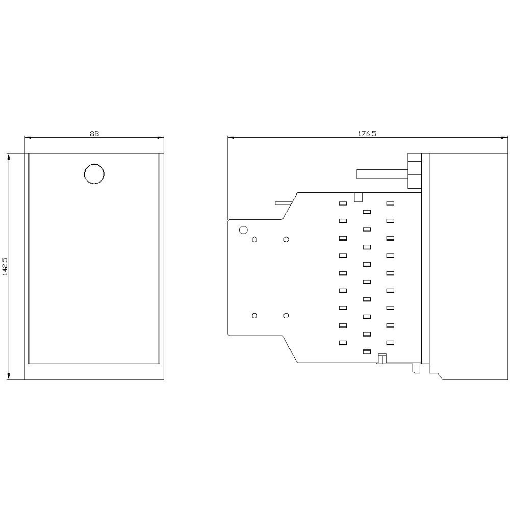Rysunek techniczny prostokątnej obudowy, widok z przodu przedstawia otwór, widok z boku ukazuje wewnętrzne podstawy i wymiary.