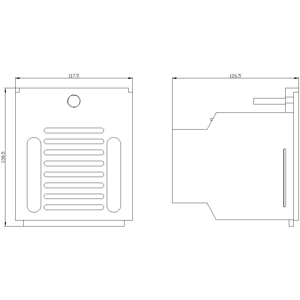 Rysunek techniczny obudowy z widokiem z przodu i z boku. Wymiary: 117,5 mm szerokości, 126,5 mm głębokości, 136,5 mm wysokości.