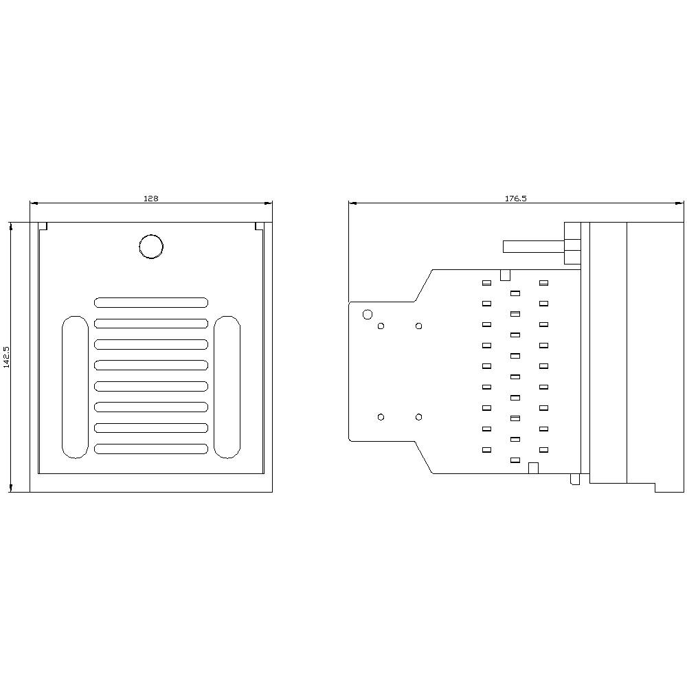 Rysunek techniczny kratki wentylacyjnej z wymiarami: 126 mm wysokości, 176,5 mm szerokości. Szczegółowe widoki z otworami montażowymi.