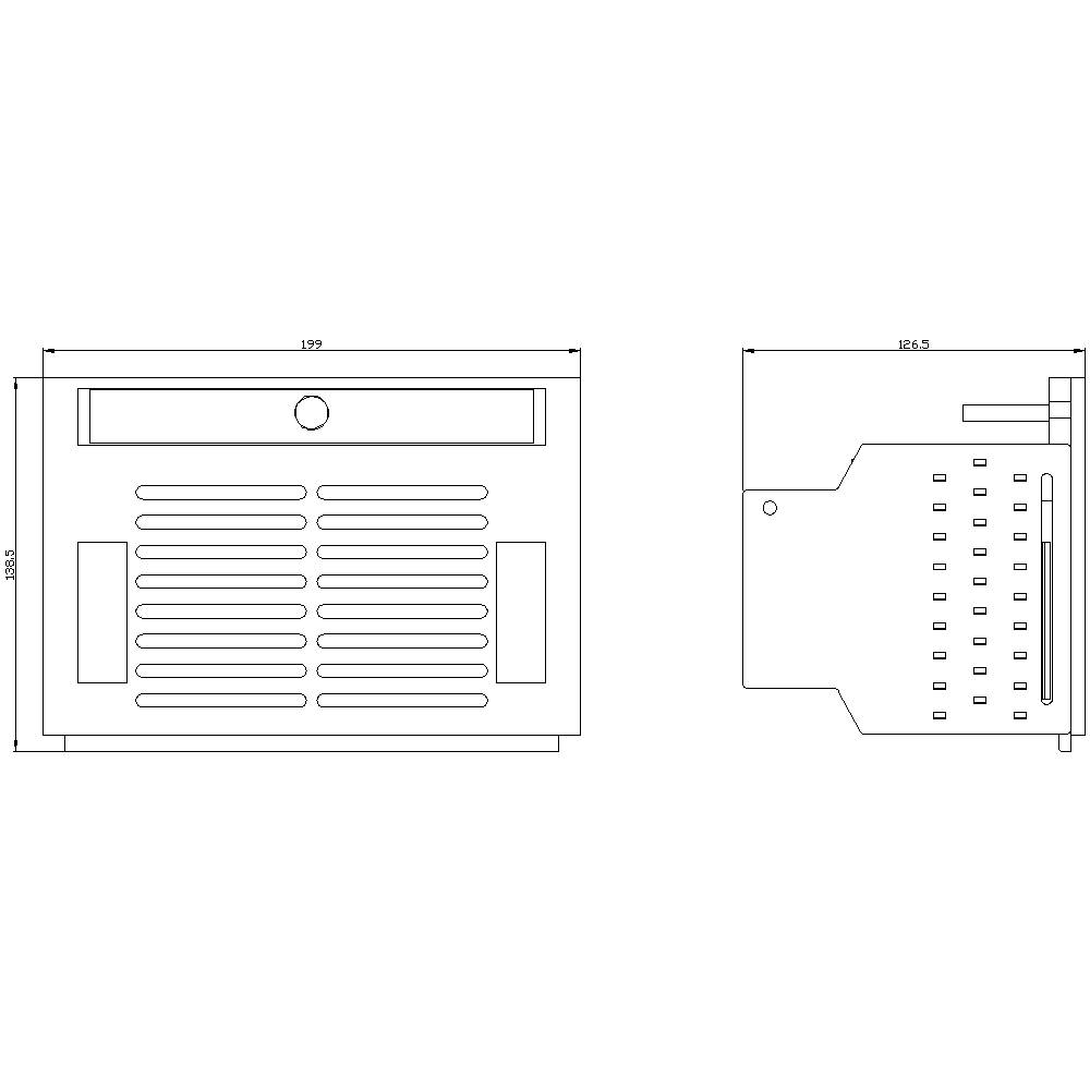 Rysunek techniczny prostokątnego urządzenia z otworami wentylacyjnymi. Widok z przodu i z boku z wymiarami.