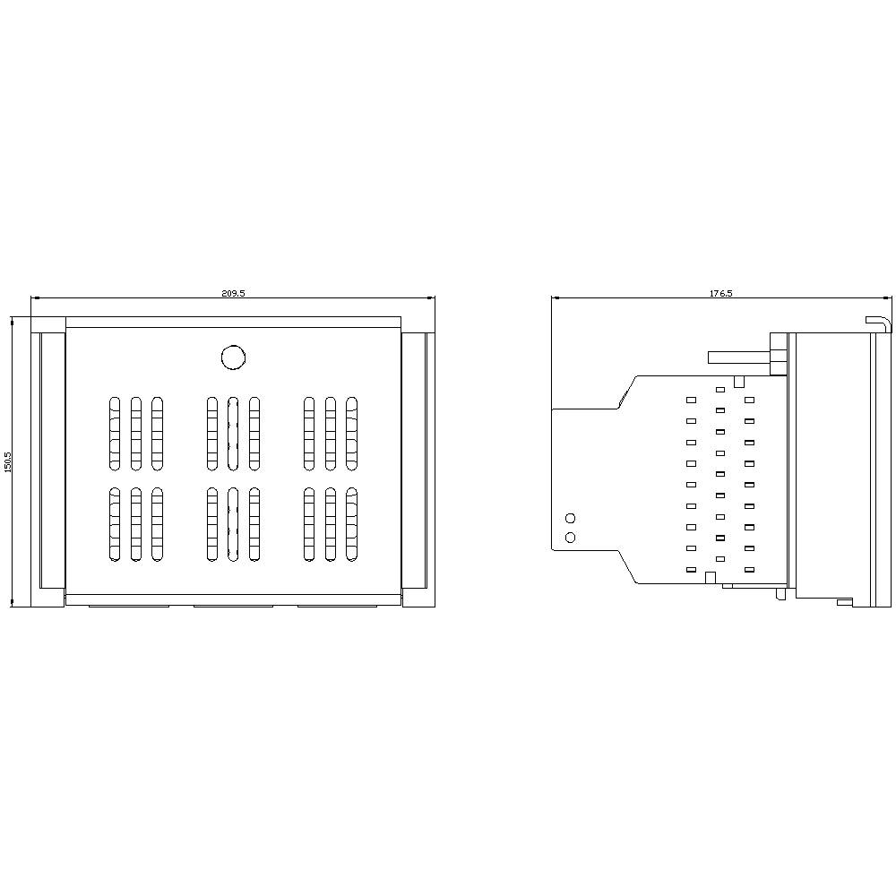 'Rysunek techniczny prostokątnej obudowy z otworami wentylacyjnymi, przedstawiający widok z boku i z góry wraz z wymiarami w milimetrach.'