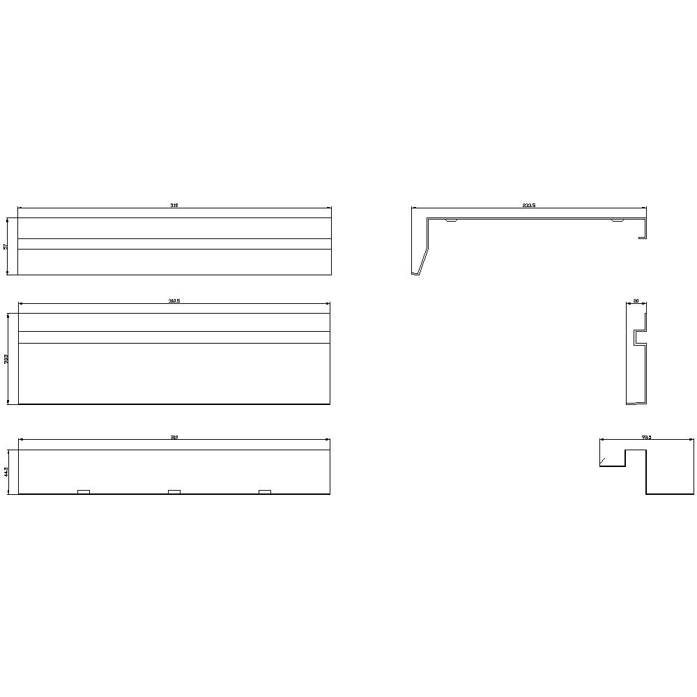 Rysunek techniczny z pięcioma rzutami prostokątnego obiektu. Rzuty przedstawiają długość, szerokość oraz przekroje wraz z oznaczeniami wymiarów.