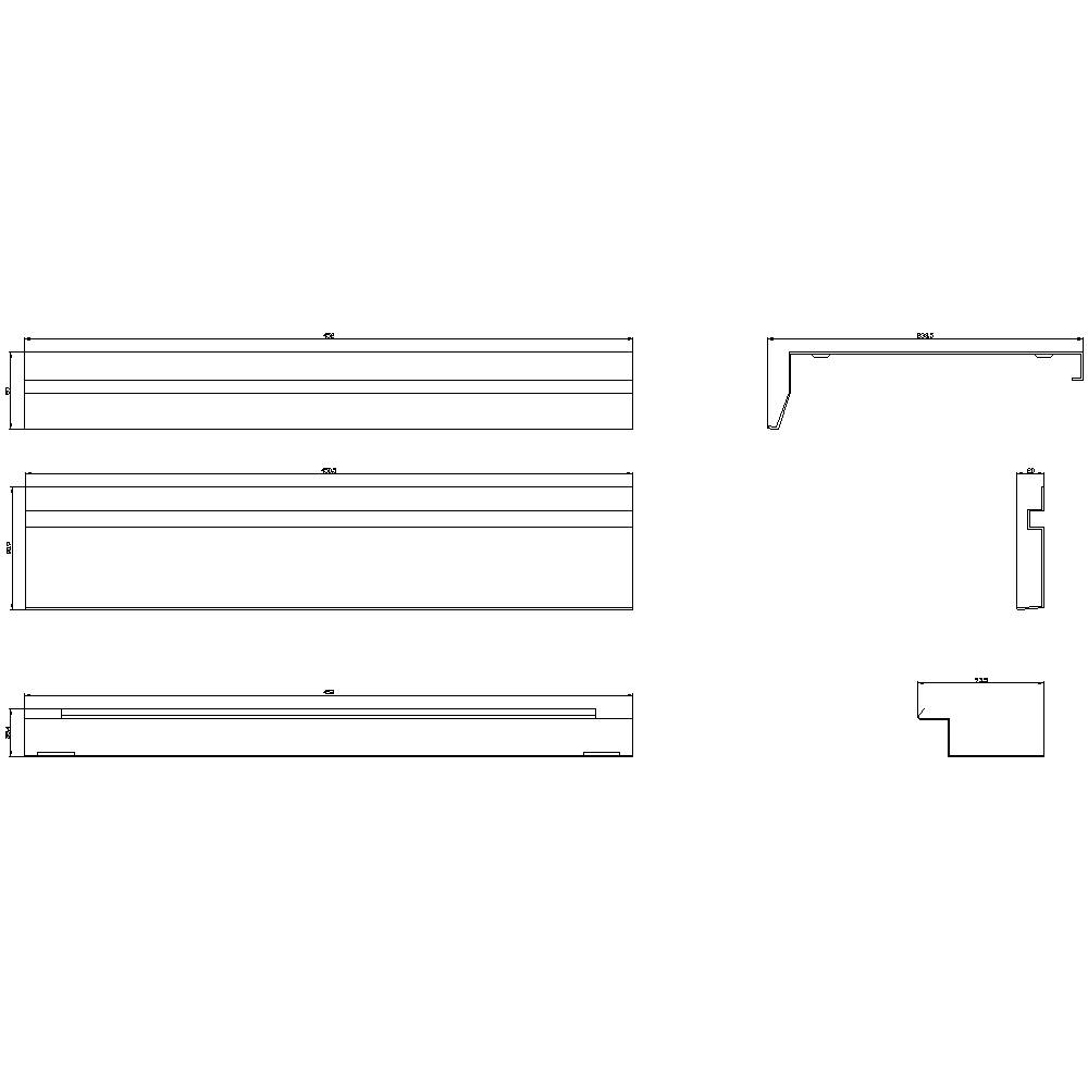 Rysunek techniczny elementu składającego się z widoku bocznego, widoku z przodu oraz przekroju. Główne wymiary i szczegóły są oznaczone.
