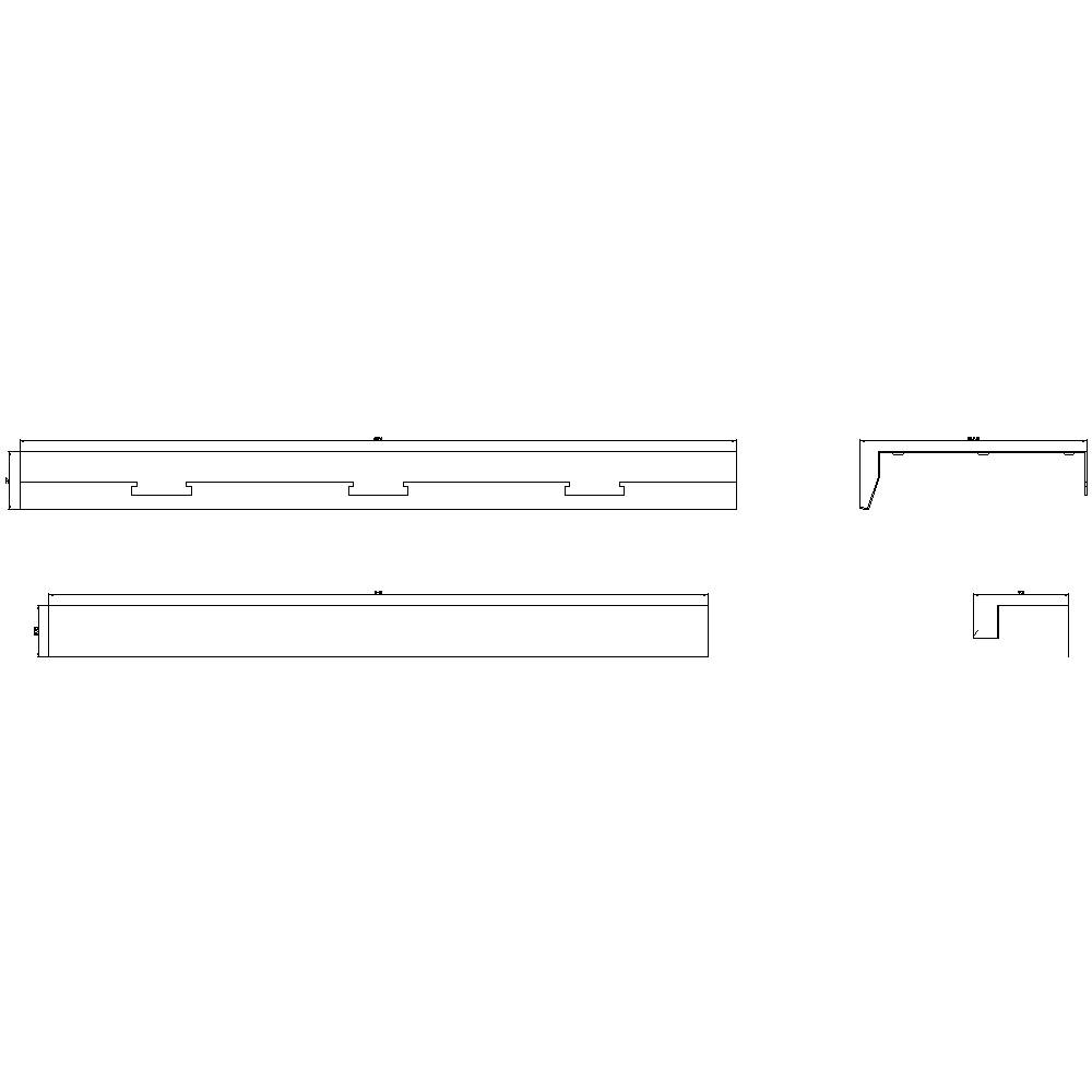 'Rysunek techniczny profilu L z metalu, z wyszczególnieniem długości, szerokości i wysokości oraz punktów połączeń.'