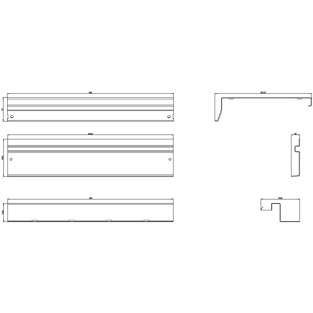 Rysunek techniczny pięciu elementów konstrukcyjnych z różnymi widokami i przekrojami. Zawiera wymiary oraz szczegółowe informacje dotyczące budowy.