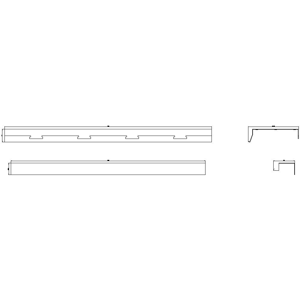 Rysunek techniczny długiego, prostokątnego elementu z wieloma zagłębieniami. Widok z boku na górze, widok z przodu na dole, przekrój po prawej stronie.
