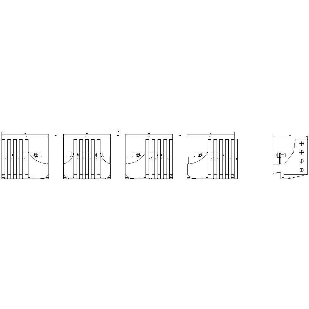 Rysunek techniczny elementu mechanicznego z wieloma prostokątnymi sekcjami i oznaczeniami numerycznymi, widok z góry.