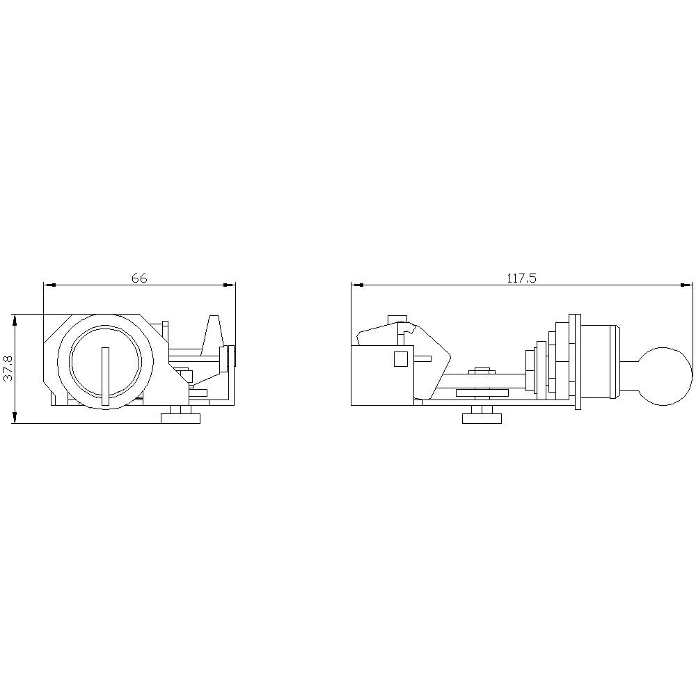 Rysunek techniczny elementu mechanicznego z widokiem z boku i z przodu. Wskazane wymiary i proporcje projektu.