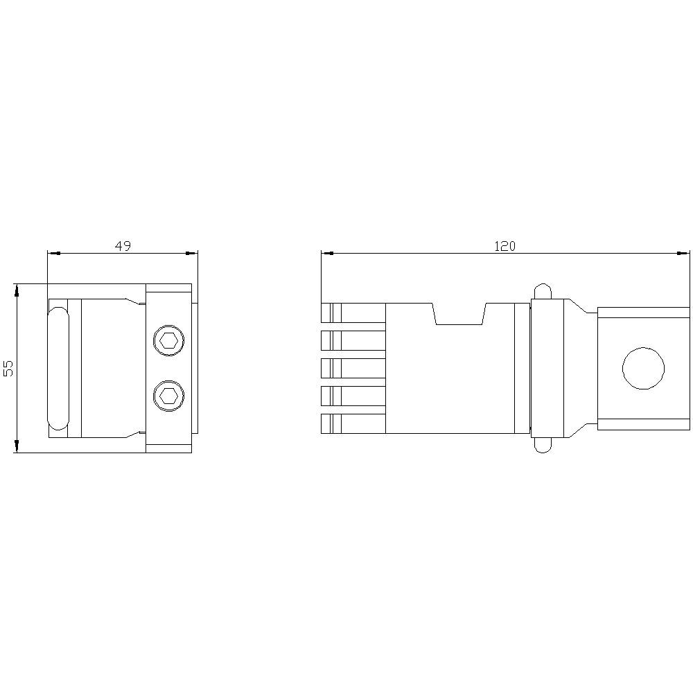 Rysunek techniczny elementu z wymiarami: wysokość 55 mm, szerokość 49 mm, długość 120 mm. Widok szczegółowy z widokiem z boku i z przodu.